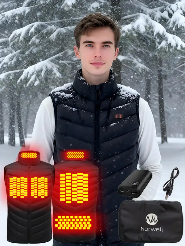 【Includes Power Bank】Norwell Men's Heated Vest with 7.4V/3A 5000mAh Battery Pack, 5 Zones 3 Levels, Machine Washable, Windproof Winter Outdoor Lightweight Heat Vest Hunting Skiing-Black,Valentine's Day,Father's Day,Christmas Gift