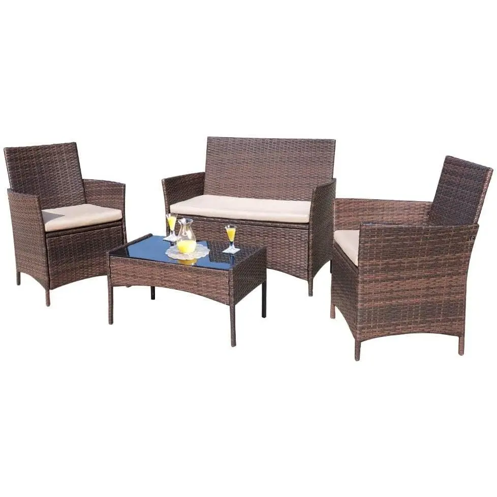 4 Pieces Outdoor Patio Furniture Sets Rattan Chair Wicker Set,Outdoor Indoor Use Backyard Porch Garden Poolside Balcony Furniture (Brown and Beige)