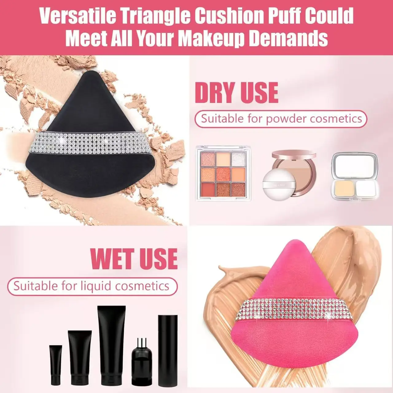 3pcs Luxury Diamond Triangle Makeup Sponge, Soft Velvet Cosmetic Tool, Powder Puff for Body Powder, Ideal for Loose Mineral Body Powder, Dry Wet Application, Makeup Puffs