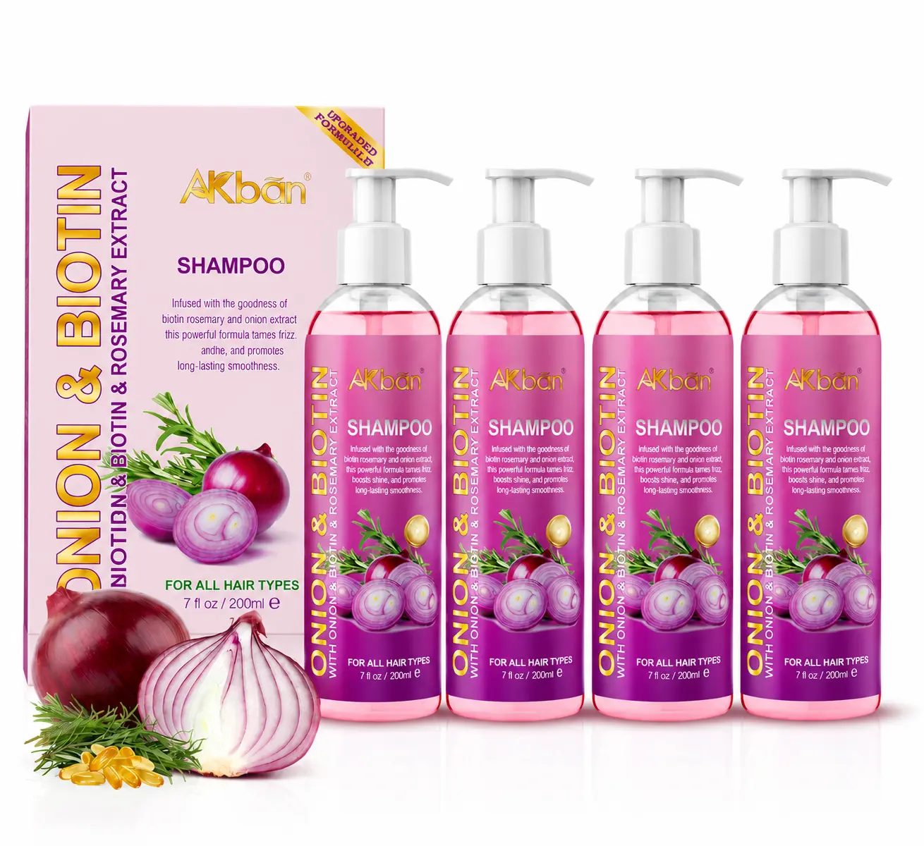 AKban Onion Rosemary Biotin Shampoo Set - 2 x 400ml Fresh and Clean Anti-Hair Loss Cleanser, Paraben-Free Strengthening Scalp Care for All Hair Types, Promotes Healthy Growth, Fragrance, Haircare, Restore, Moisturizing, Smooth, Frizz Control, Thicker Hair