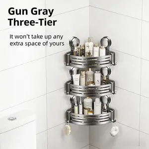 Gun Gray Three-Tier Suction Cup Bathroom Storage Rack No-Drill Triangle Basket for Toiletries & Bath Products Corner Shower Stand Kitchen Organizer