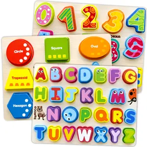 QUOKKA 3 Set Chunky Wooden Jigsaw Puzzles for Toddlers | Alphabet, Numbers & Geometric Forms