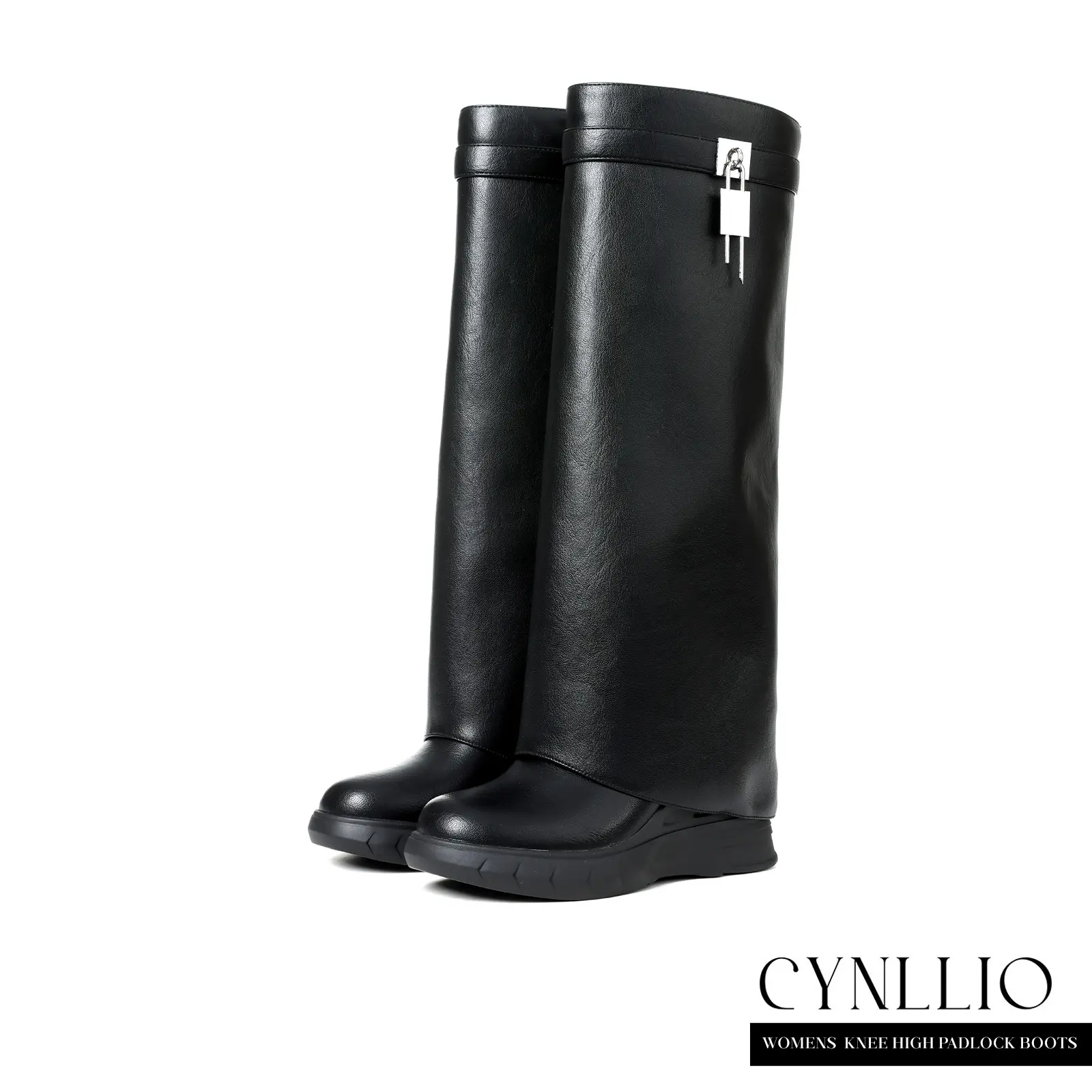 CYNLLIO Womens Knee High Fold Over Boots Rounded Toe Wedge Heel Fashionable Padlock Design Shark Boot Pull On Comfy Working Party Outing Dating Casual Dress Summer Boot Shoes