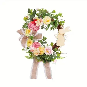 Easter Bunny Wreath with Soft Bow, Tulip & Rose Artificial Flowers, Spring Door Decor, Front Door, Fireplace Mantel, Easter Basket Centerpiece