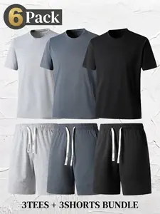 6Pcs Men's Summer Essentials Pack, 3-Pack Casual Plain T-Shirts & 3-Pack Drawstring Shorts Set, Mix & Match Activewear Multi-Pack, Clothes, Menswear