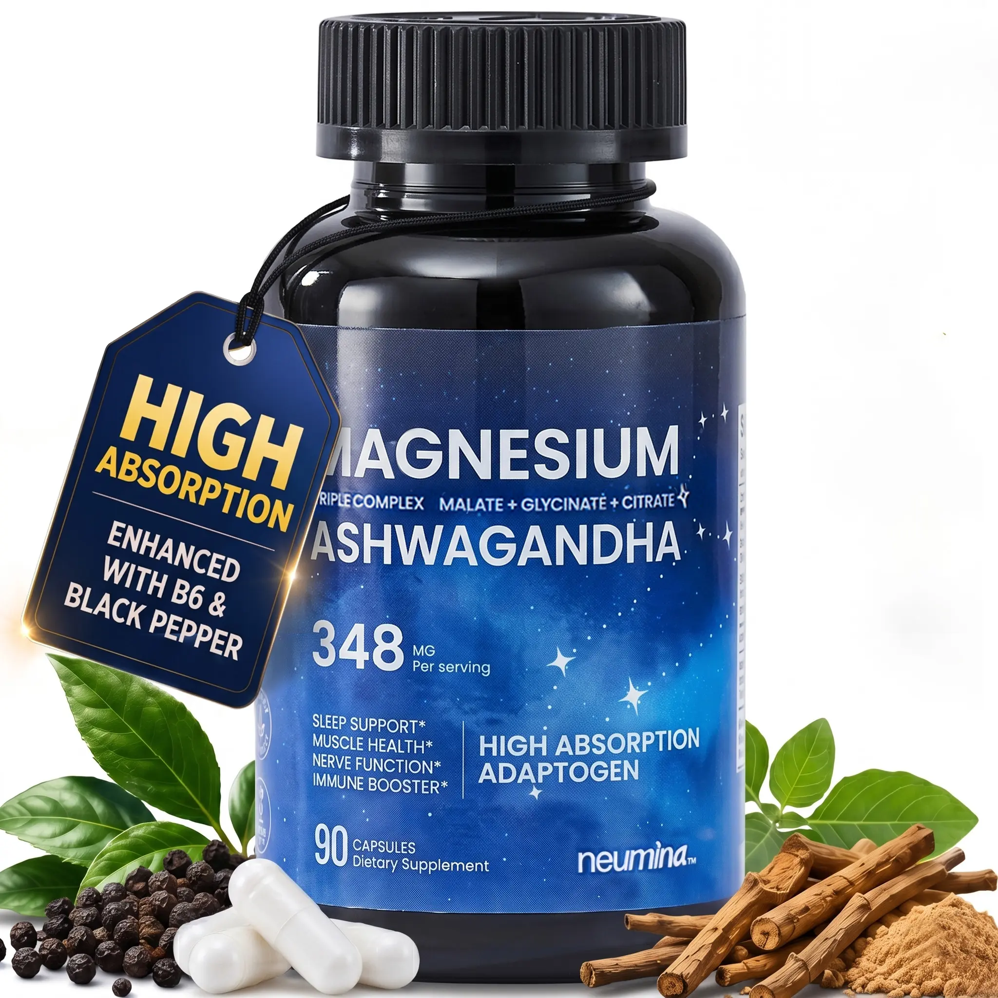 Neumina Triple Complex Magnesium & Ashwagandha Essential Minerals Supplement Brain Booster with Vitamin B6 & Black Pepper for Night Shifts & Mood Support Made In USA