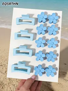 14 Pcs Matte Light Blue Hair Claw Clips & Small Flower Clips Set, Rectangular & Floral Claw Accessories for Women, Medium & Non-Slip, Casual Daily Styling for Thick/Thin Hair, Summer Beach Vibe