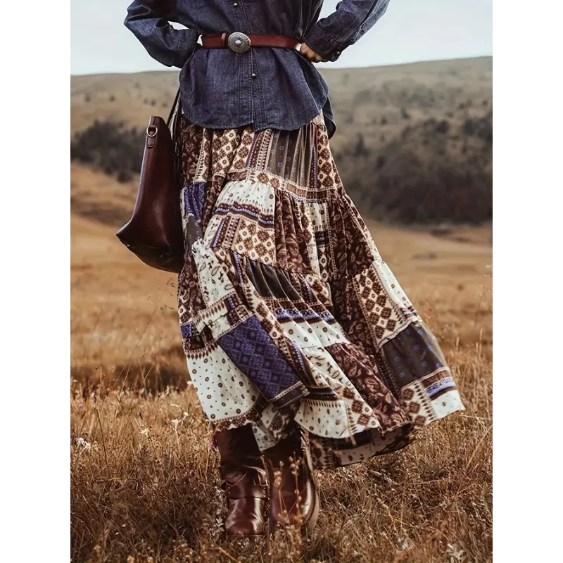 Bohemian style clothes Boho-Chic Floral Patchwork Midi Skirt for Women - High Waist, A-Line Silhouette, Vibrant Prints & Patterns, Perfect for Spring/Summer, Polyester Blend, Machine Washable