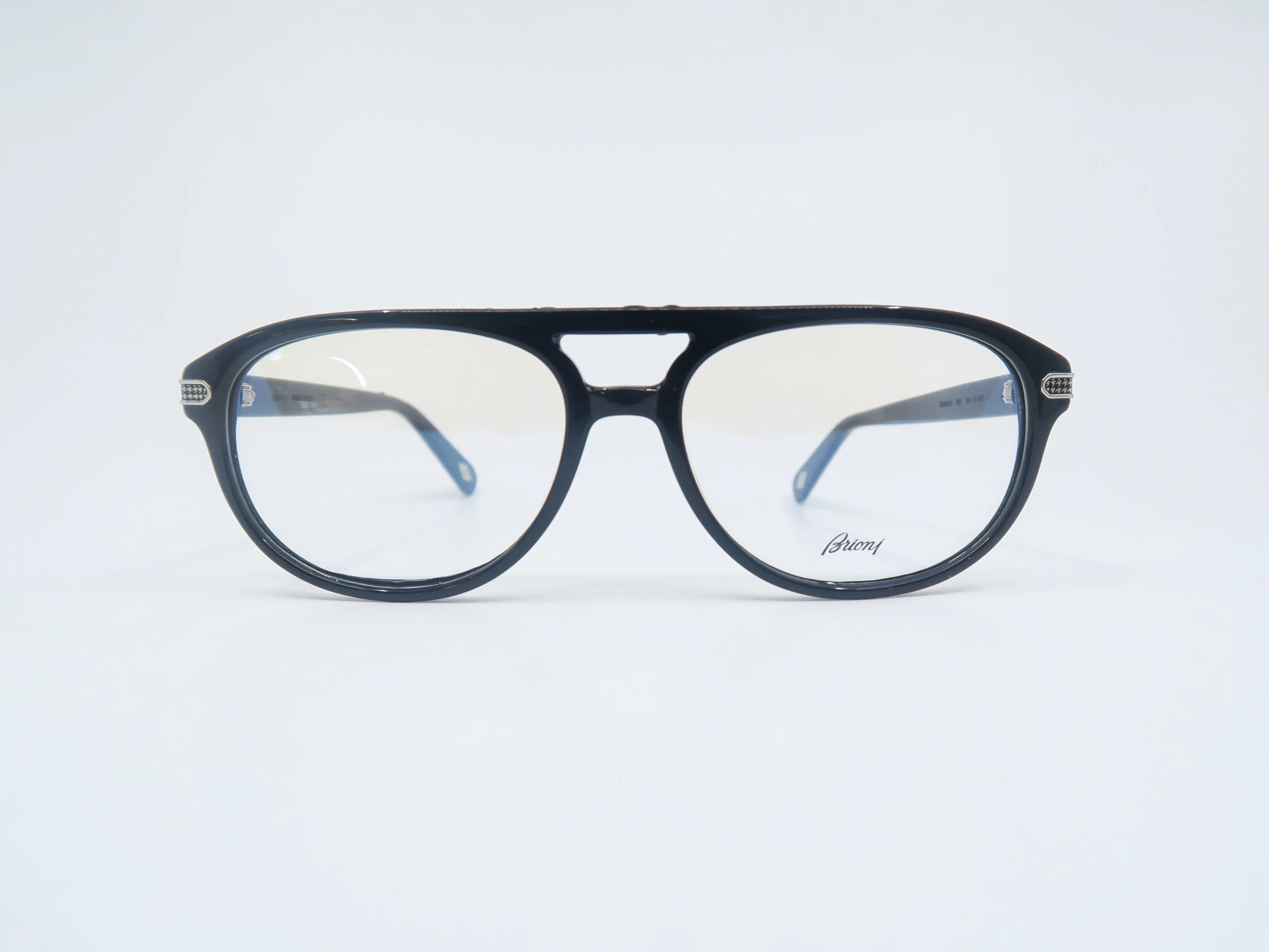 Brioni BR 0043O 001 Men's Eyeglasses - 56mm Black Frames with Silver Pattern, New Lightweight Frames, Flat Lens Frames