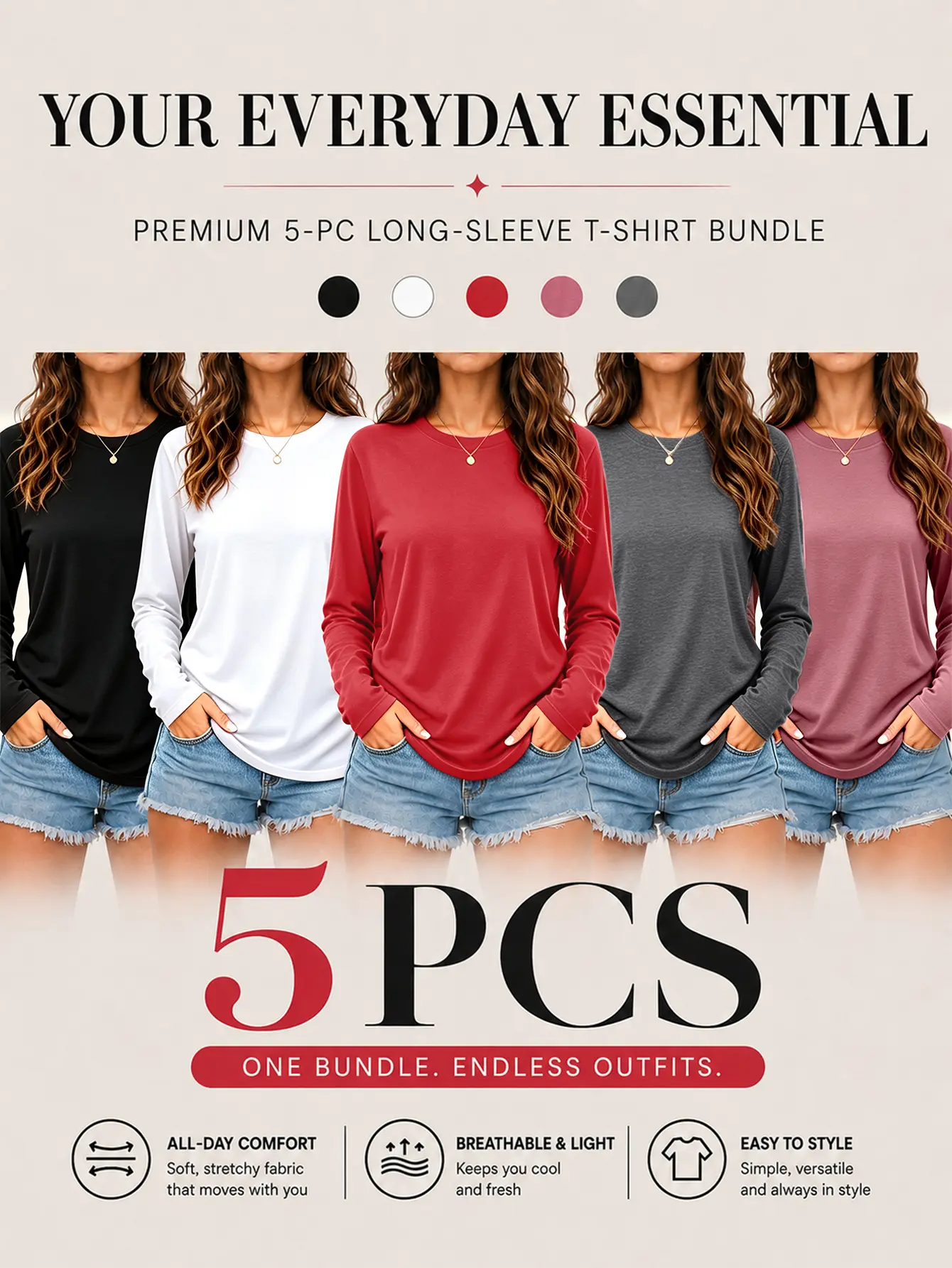 Women's 5-Pack Ultra-Soft Long Sleeve T-Shirt Set Premium Basic Crew Neck Casual Daily Essential Tops For Fall Daily Everyday Casual Wear