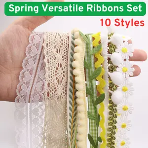 【IDONGCAI】Gift Wrap Ribbon & Lace Trim Set – 10 Yards Daisy Lace, Pom Pom & Rickrack for Sewing, Upcycling, DIY Crafts, Clothing, Baby Outfits & Wedding Decor – Perfect for Sewists & Seamstresses (White, Yellow, Green, Beige, Gold)