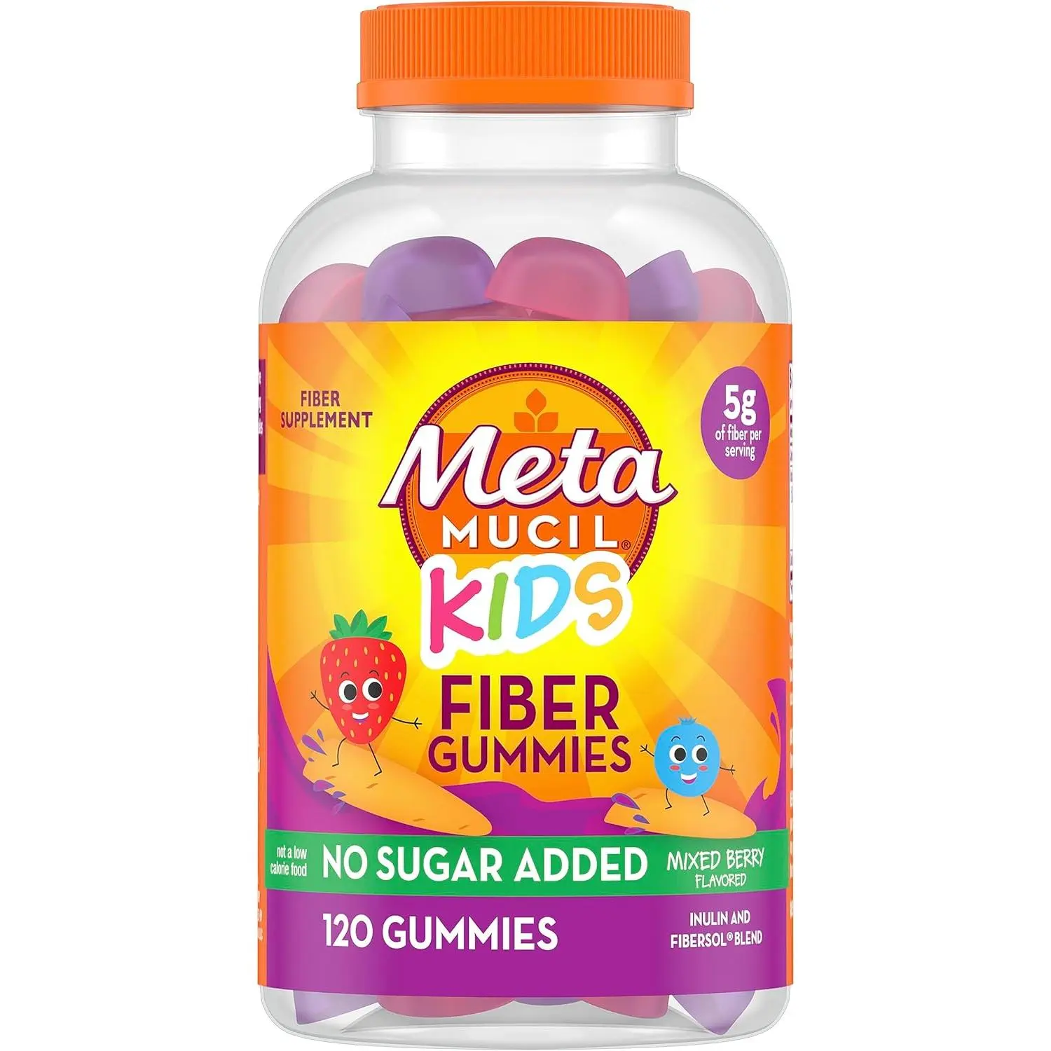 Metamucil Kids Fiber Supplement Gummies, No Sugar Added, 5g Prebiotic Plant-Based Fiber Blend, Berry Mix Flavored, for Digestion Support, 120pcs