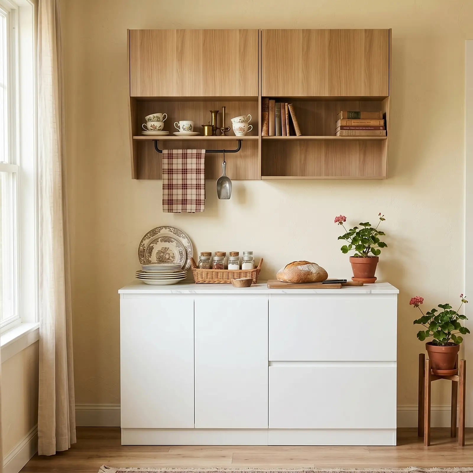 FUFU&GAGA  67" 2-Piece Kitchen Cabinet Set, Wall Mounted Open Hutch + Sink Base Cabinet with Pull-Out Dish Baskets, Farmhouse Two-Tone Kitchen Storage Buffet