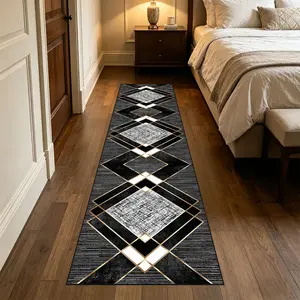 2.2'x8' Modern Geometric Runner Rug, Distressed Black & Gold Suede Entryway Carpet, Non-Slip Indoor Floor Mat for Hallways, Laundry Room & Bedroom