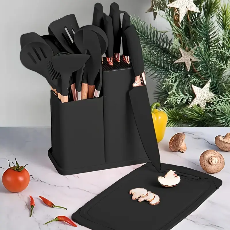 19-Piece Kitchen Knife Set with Heat-Resistant Silicone Cutlery & Wooden Handles - Includes Chef Knife, Non-Stick Compatible Tools, pots pans set Valentine's Day and More Cookware non stick pots and pans Kitchenware Nonstick Ladle Stylish White Pink, Kitc