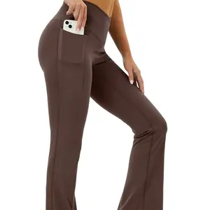Women's Yoga Pants Crossover Flare Leggings with Pockets High Waisted Seamless Workout Leggings Brown, Large
