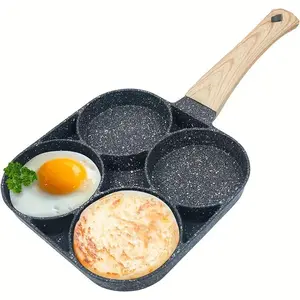4-hole Non-stick Fried Egg Pot, 1 Count  Heat-resistant Egg Burger Pan with Comfortable Wooden Handle, Kitchen Cookware Frying Pan, Nonstick Egg Pan, Durable Cookware