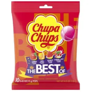 12x Chupa Chups Best of 10ct Peg Bag - Lollipops Candy Snacks Treats Sweet Suckers Bulk Wholesale Bundle Party Favors Kids School Lunch Variety Assorted Flavors Gifting Stocking Stuffers Gourmet Grab N Go Bagged 10ct 4.2oz Pack Lot