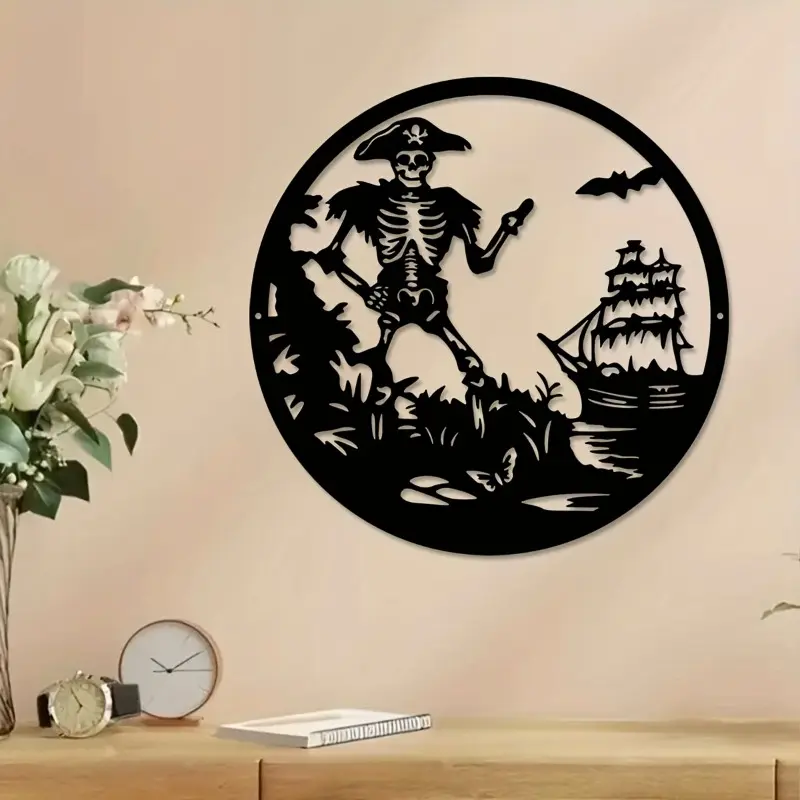 1 piece of pirate skull metal wall decoration, featuring sunken ships, bats, and pirate skeletons - heavy metal sculptures for indoor and outdoor use, suitable for living rooms, offices, courtyards, or rural styles