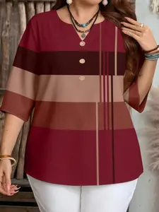 Plus Size Women's Color Block Minimalist Chic Casual Loose Short Sleeve Shirt Blouse, Striped Pattern Half Sleeve Top, Suitable for Spring/summer/autumn