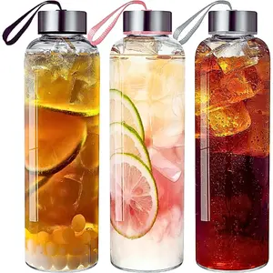 Glass Water Bottles Set of 3, 18 oz, Reusable Water Bottle with Lids, Juice Glass Bottles for Juicing, LeakProof, BPA Free, Container Bottle for Refrigerator, Suitable for Beverage, Soda (Clear)