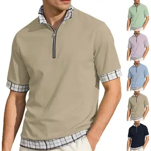 Men's Contrast Plaid Collar Half Zip Short Sleeve Polo Shirt, Casual Business Daily Wear Solid Color Golf Tops
