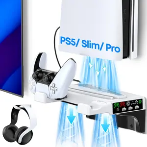 PS5 Wall Mount with Cooling Fan & Controller Charging Station, PS5 Floating Shelf Mount for PS5/Slim/Pro Disc & Digital Consoles, Mountable Behind PC Monitor for PlayStation 5 Accessories, USB