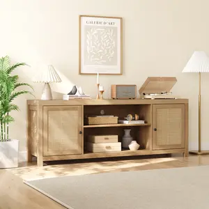 Rattan TV Stand, Boho Entertainment Center with Storage and Doors, Wood TV & Media Console Under TV Cabinet Furniture for Living Room