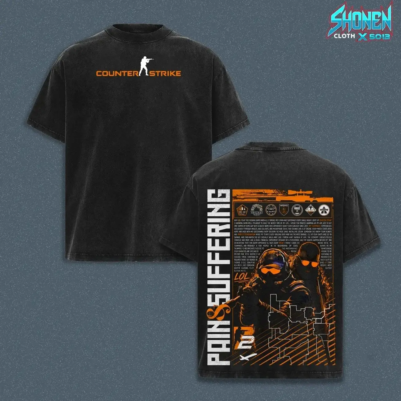 Counter Strike 2 Acid Wash Tee, Vintage CS2 FPS Gaming Merch, Pain And Suffering Vertical Typography Graphic Tee, Mineral Wash Extra Thick Cotton Blank Luxury Loungewear B0U