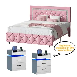[Spotlight Day] HOMBCK Diamond Bed Frame with Nightstand Set, No Mattress, Faux Leather Upholstered Bed, Adjustable Headboard, No Box Spring Required #summer garden