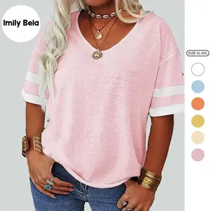 Imily Bela【XL-5XL】Womens Plus Size Tops Summer Short Sleeve V Neck T Shirt Loose Casual Tunics Blouses