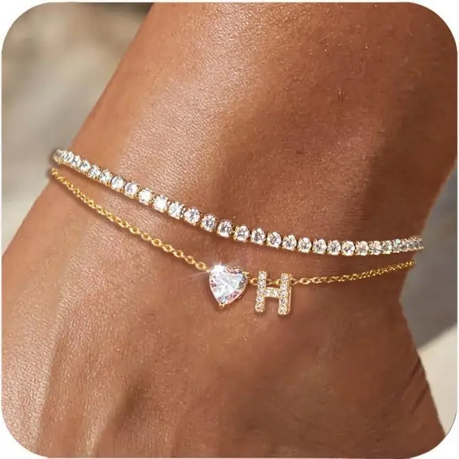 14K Gold Filled Layered Anklets for Women Adjustable Waterproof Non-Tarnish Cuban Link Initial Love Design Colorful Beads Pearl Flower Stackable Summer Beach Gift Anklets Exquisite Bracelet Gold Bracelets