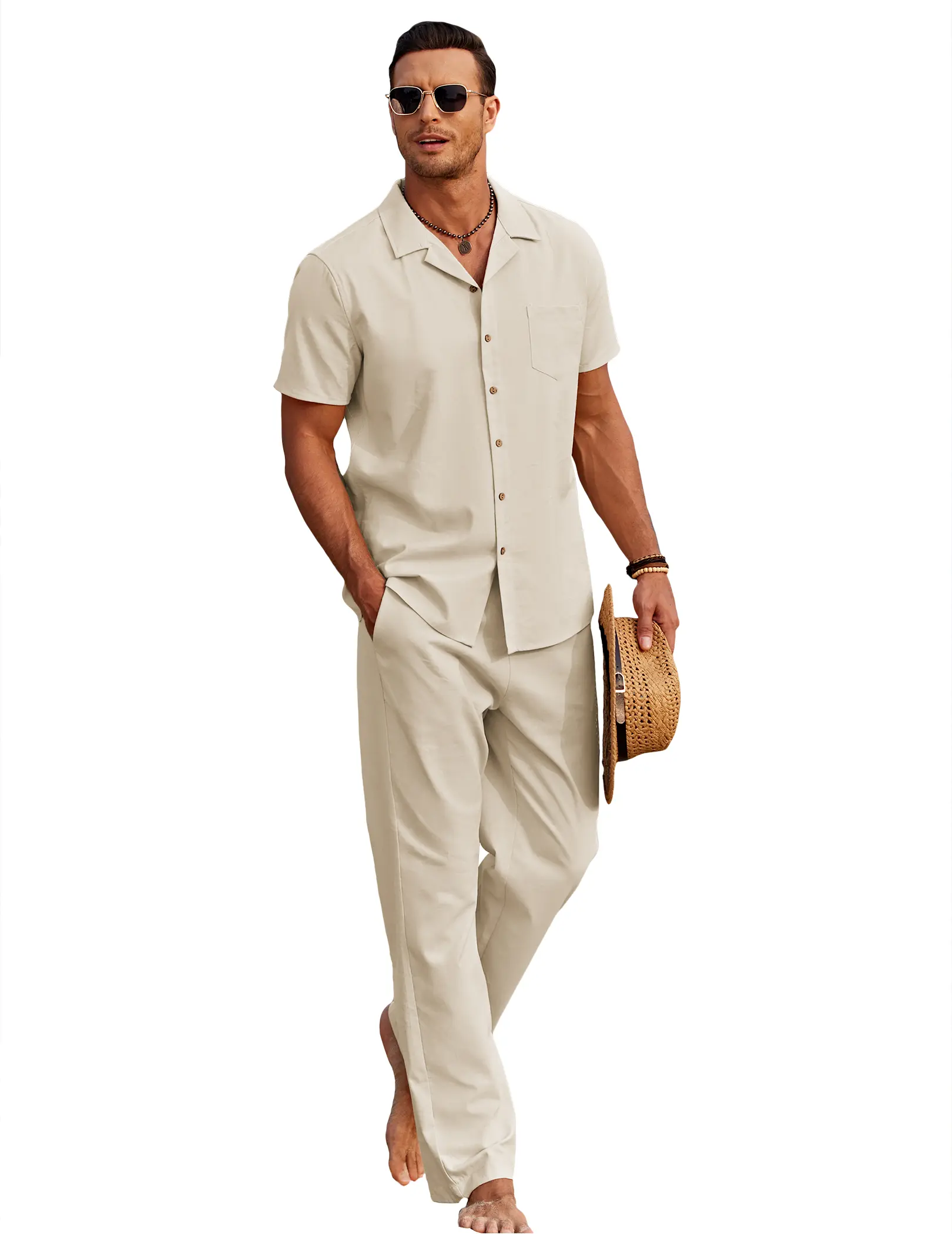COOFANDY Men's Linen 2-Piece Outfit - Short Sleeve Button Down Shirt & Loose Fit Pants - Breathable & Relaxed Fit - Perfect for Summer Beach Wear - Medium Size