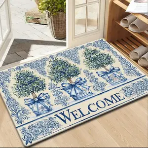 1pc Elegant Blue and White Floral Welcome Doormat with Green Hedge Tree and Bow Decoration - Non-Slip PVC Backing, Absorbent Machine Washable Soft Indoor/Entry Mat, Suitable for Front Door, Kitchen, Bathroom - Blue and White Porch Decor