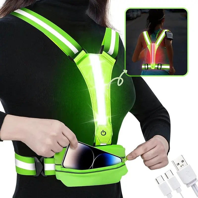 Reflective Safety Vest, Adjustable Non-Woven Harness with Long Lasting Rechargeable LED Lights & Waterproof Pouch for Running, Biking