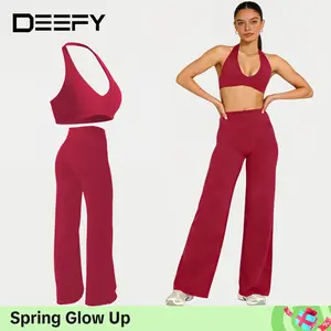 DEEFY Women's 2 Piece Workout Set SoftMotion Minimalist Backless Sports Bra High Waisted Straight Leg Wide Leg Bottoms Stretchy Athletic Outfits for Gym Fitness Outdoor Daily Wear