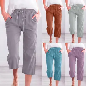 Capri Pants for Women Casual 2025 Summer Drawstring Elastic High Waist Linen Pant Straight Wide Leg Cropped Trouser