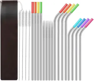 Set of 16 Reusable Stainless Steel Straws with Travel Case Cleaning Brush Silicone Tips Eco Friendly Extra Long Metal Straws Drinking for 20 24 30 oz Tumbler