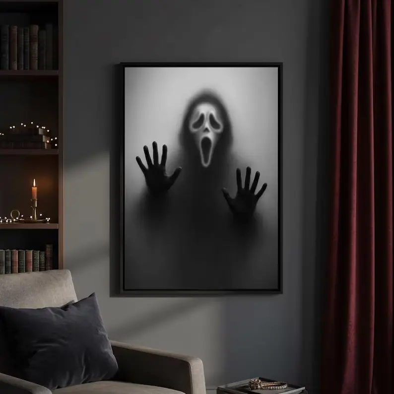 Minimalist Lightweight Artistic Spooky Ghostface Scream Foggy Black-White Horror 2D Flat Print Canvas Wall Art Poster, Home Bedroom Wall Decoration, Halloween Teen Room Horror-Themed Space Gift
