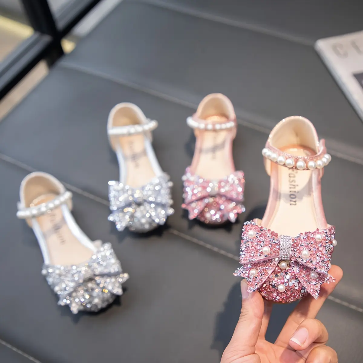 Women's Rhinestone-Embellished Glossy Patterned Leather Pointed-Toe Slip-On Ballerina Flats, Fashion Footwear for Spring-Summer Shoes, Shoe
