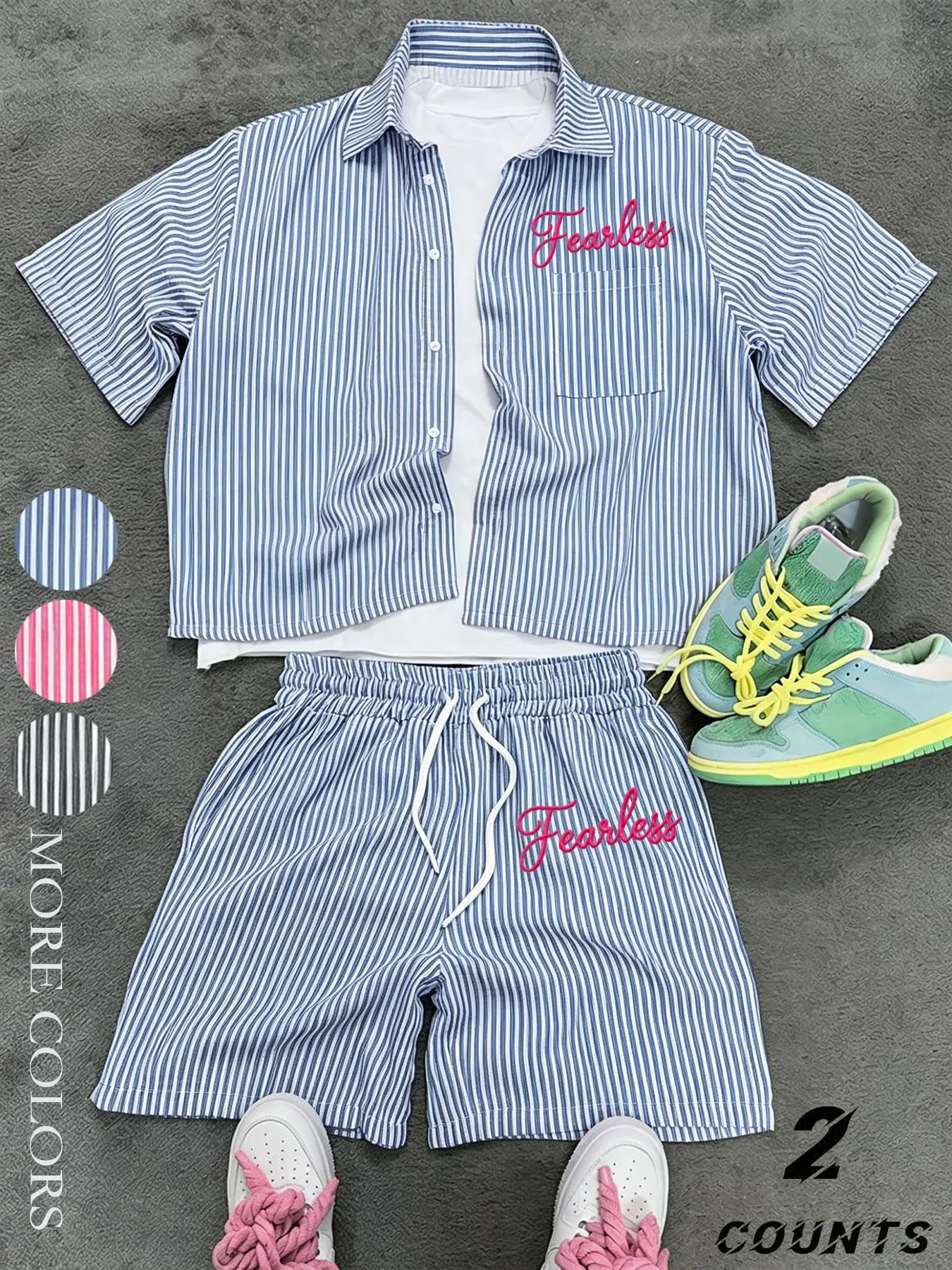 Unisex Stylish Vintage Retro Style Striped Short Sleeve Shirt and Shorts Set, Pocket Shirt and Drawstring Waist Shorts, Casual Loose-fit Matching Set Clothes