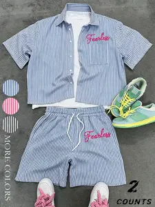 Unisex Stylish Retro Style Striped Short Sleeve Shirt and Shorts Set, Pocket Shirt and Drawstring Waist Shorts, Casual Loose-fit Matching Set