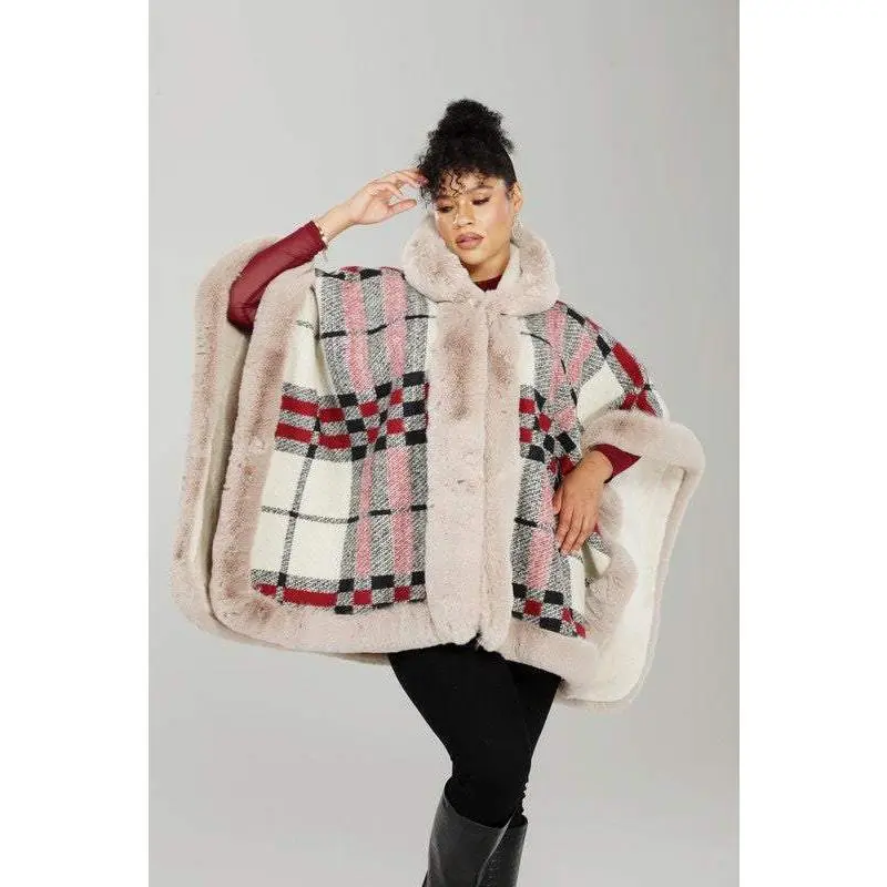 Plaid Faux Fur Poncho