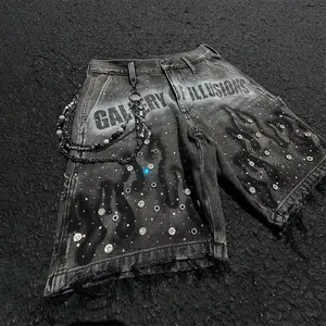Fashion Distressed Jeans Retro Rhinestone Flame Pattern Print Casual Washed Denim Shorts Unisex High Waist Streetwear