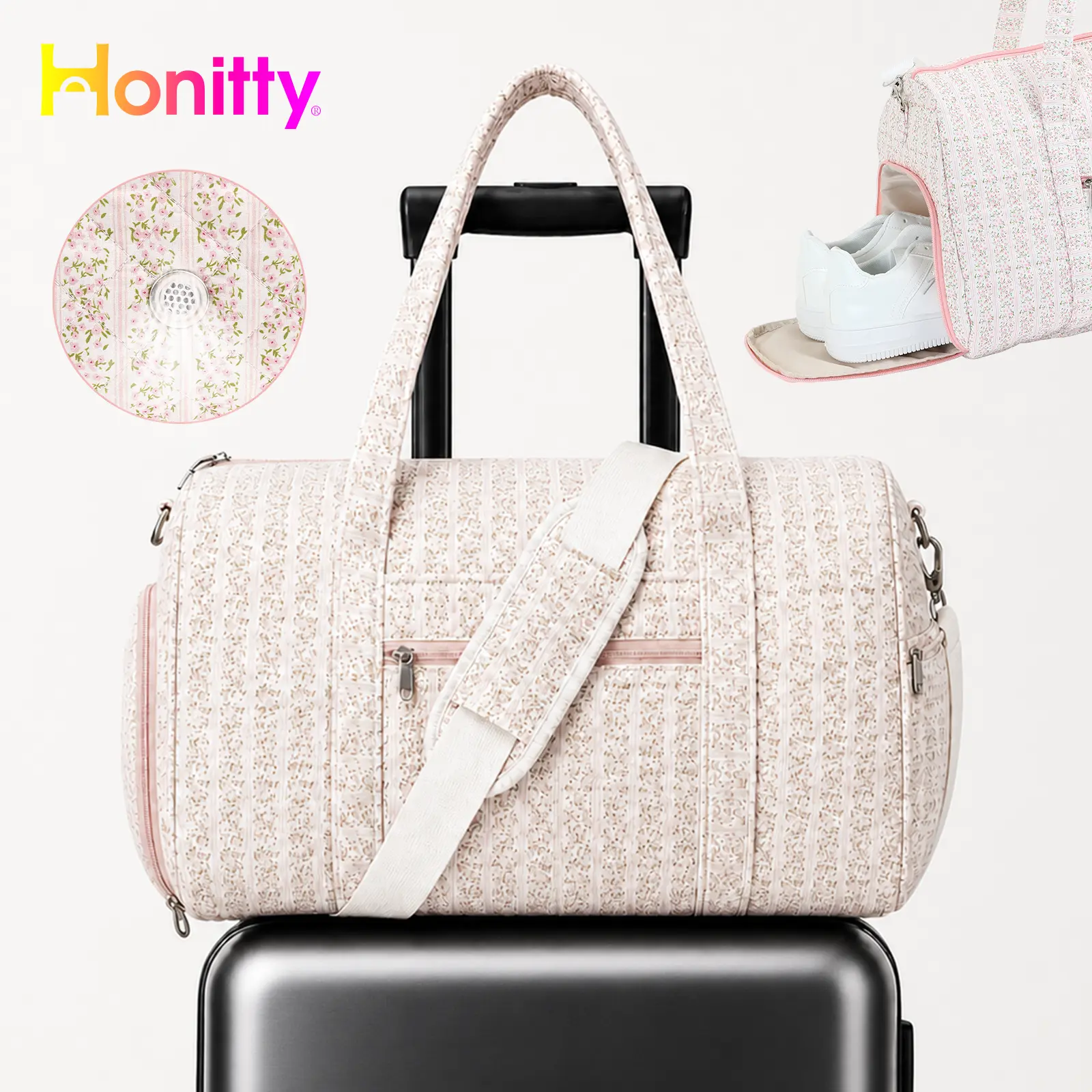 HONITTY Women's Cute Floral Quilted Duffle Bag, Athletic Style Weekender with Vented Shoe Compartment, Multi-Compartment Personal Item Travel Bag for Gym, On-The-Go Sports Duffels, Travel Accessories, Athletic Training Sports Duffels, Portable Sports Duff