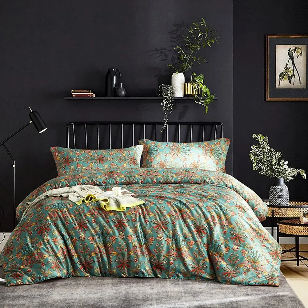 Bohemian Style Duvet Set, Enlarged Size Bedding, Lightweight Seasonal Design, Soft Ultra-Fine Fiber Material, Floral & Plant Patterns, Boho Bedding Set