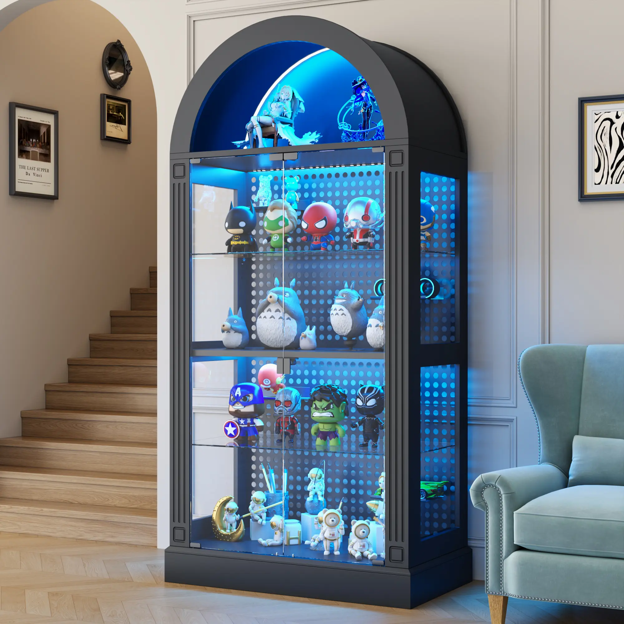 5-Tier Glass Display Cabinet with Glass Doors, 71" Tall Arched Curio Cabinet with Roman Line Design and LED Lights, Display Case for Collectibles Bookcase Living Room, Office and Kitchen