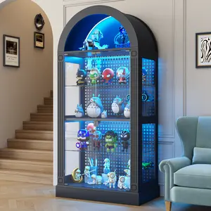 5-Tier Glass Display Cabinet with Glass Doors, 71" Tall Arched Curio Cabinet with Roman Line Design and LED Lights, Display Case for Collectibles Bookcase Living Room, Office and Kitchen