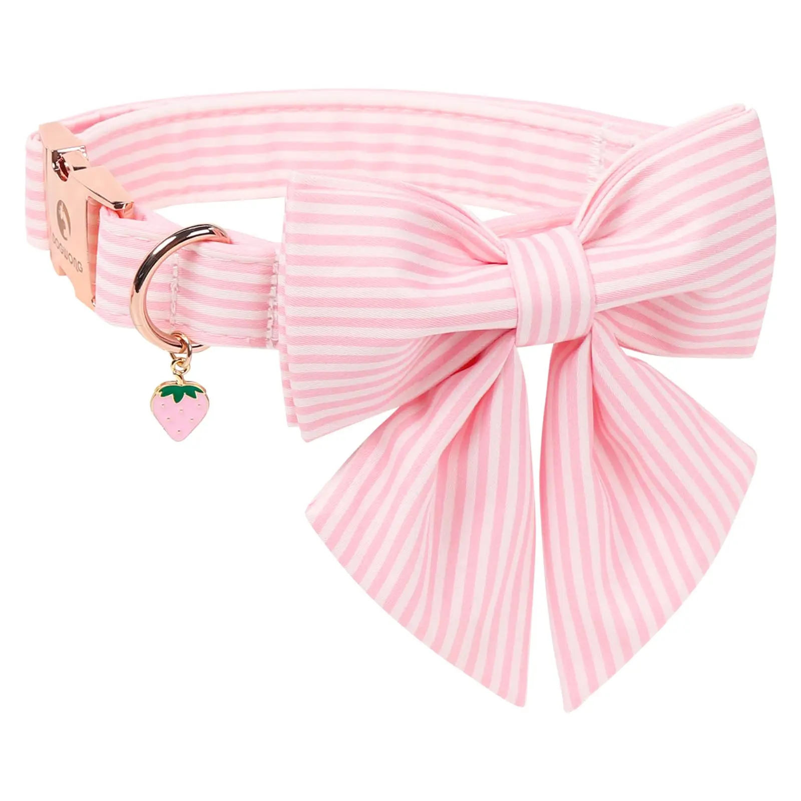 Girl Puppies' Heavy-Duty Fabric Multi-Size Pink Striped Adjustable Dog Collar with Bowtie Charm & Strawberry Tag, Pet Supplies Accessory