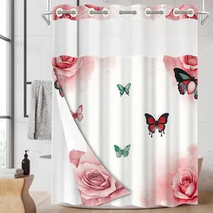 1pc hookless shower curtain with buckle lining, spring pink rose and butterfly design, 2D flat printing, fabric waterproof lining, shower curtain liner, see-through double-layer shower curtain, 71 x 74 inches, modern home draping curtain, Flowers